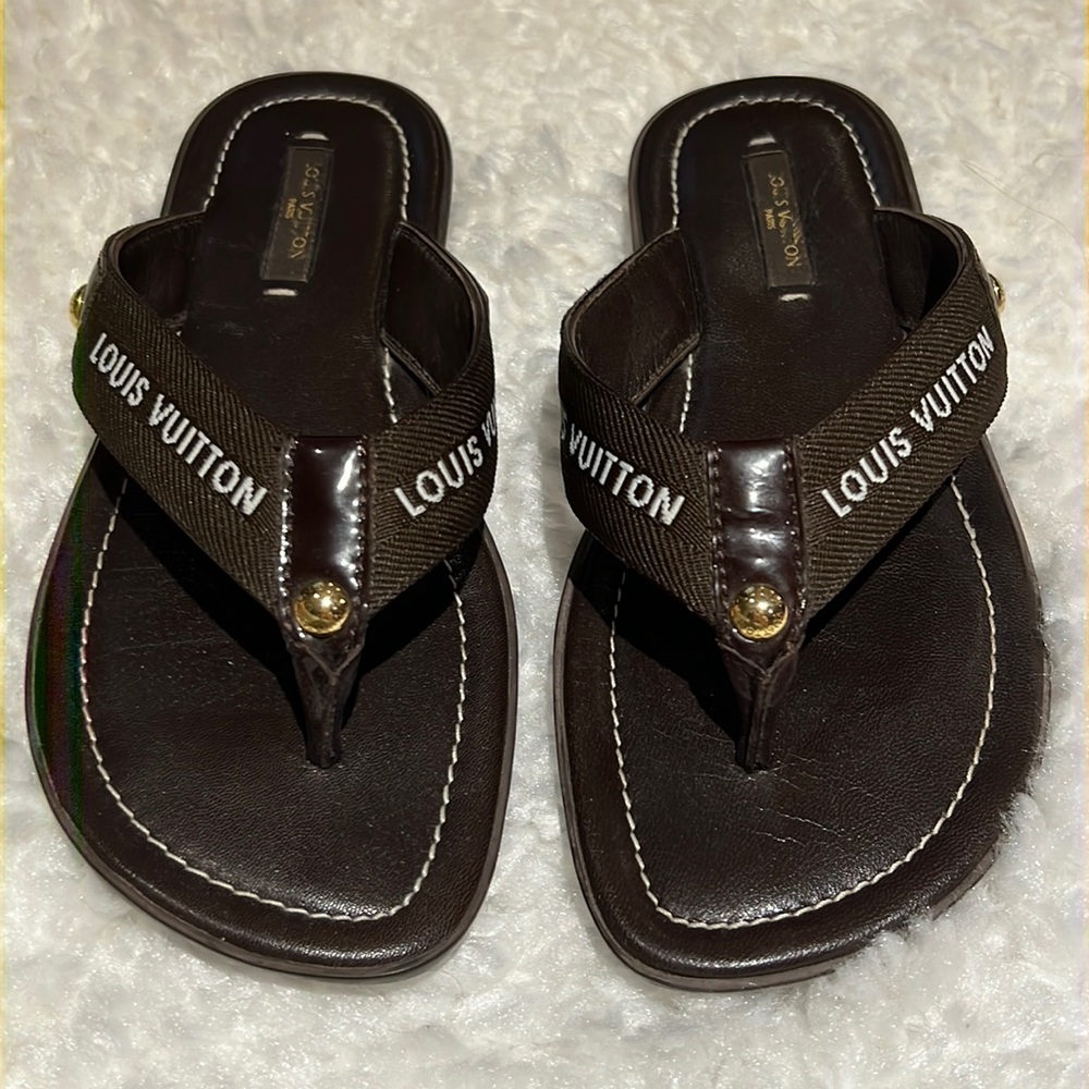 Louis Vuitton Sandal shoe flip flop Brown Leather White Logo Canvas Strap 35